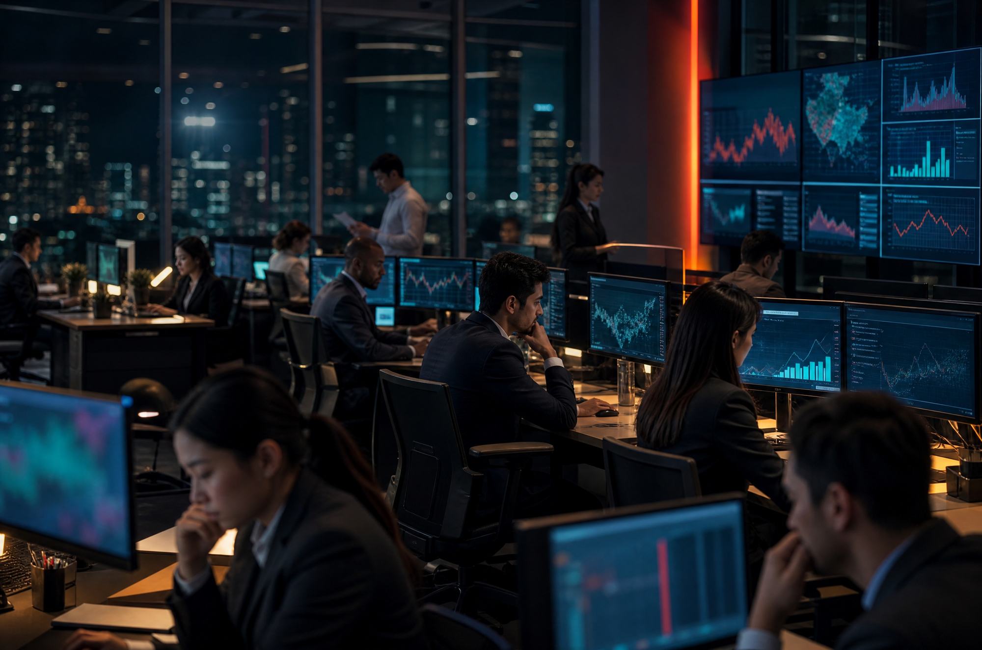 A newsroom at night: editors at their desks with market charts on their screens, the city behind the glass