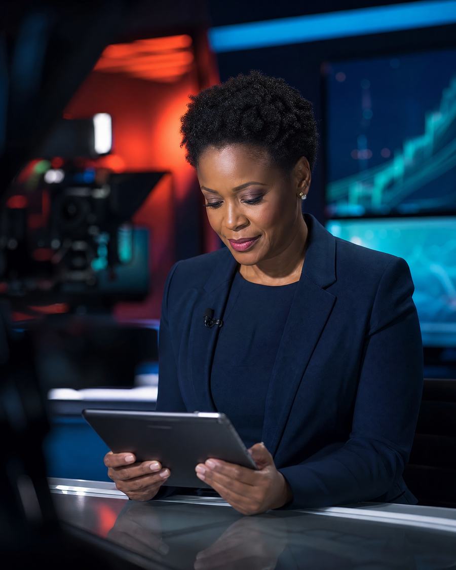 A presenter reads the running order from her tablet at the studio desk